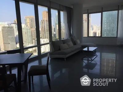 Luxurious high-rise living room with floor-to-ceiling windows offering panoramic city views, sleek furnishings, and polished floors.