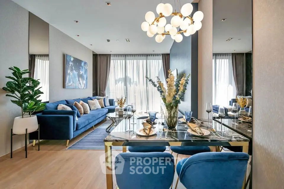 Luxurious modern living room with elegant dining area and stylish decor