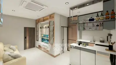 Modern open-layout kitchen with sleek cabinetry and integrated appliances in a stylish apartment.