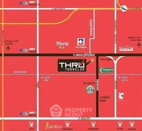 Map showing location of Thru Thonglor with nearby amenities and transport links.