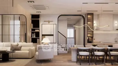 Luxurious modern living room with open kitchen and elegant dining area, featuring stylish decor and ambient lighting.