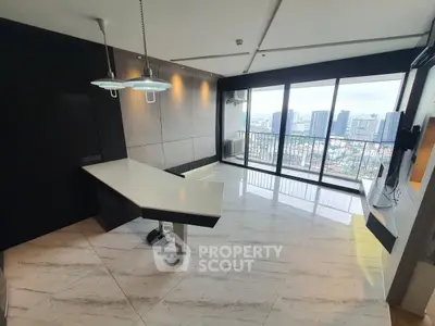 Modern living room with panoramic city view and sleek interior design