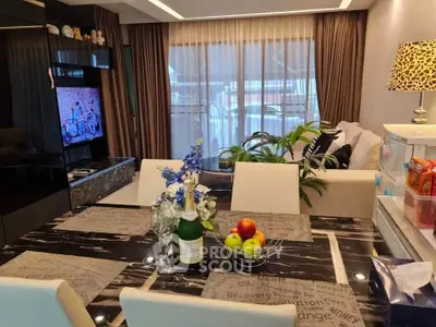 Elegant dining area with modern decor and cozy ambiance in a stylish apartment.