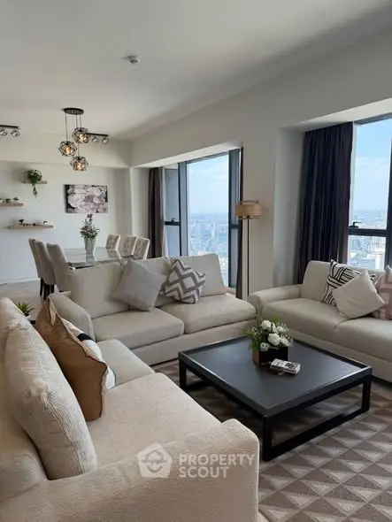 Luxurious living room with stunning city view and elegant decor