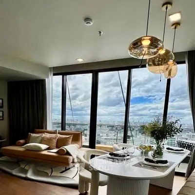 Luxurious living room with panoramic city view and elegant decor