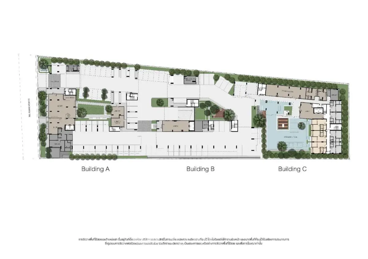 Detailed schematic plan of a multi-building residential complex with green spaces.