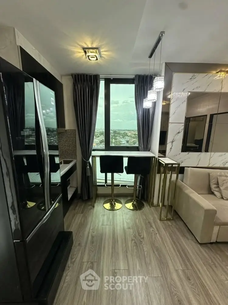 Luxurious modern living room with stunning city view and elegant decor
