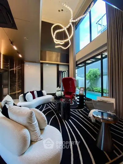 Luxurious modern living room with high ceilings and stylish decor