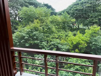 Serene balcony view overlooking lush green forest landscape.