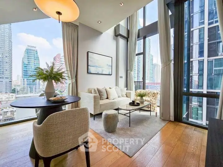 Luxurious modern living room with stunning city view and elegant decor