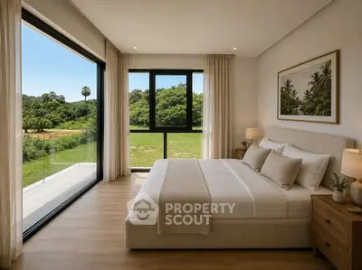 Luxurious bedroom with large windows offering stunning garden views, elegant decor, and natural light.