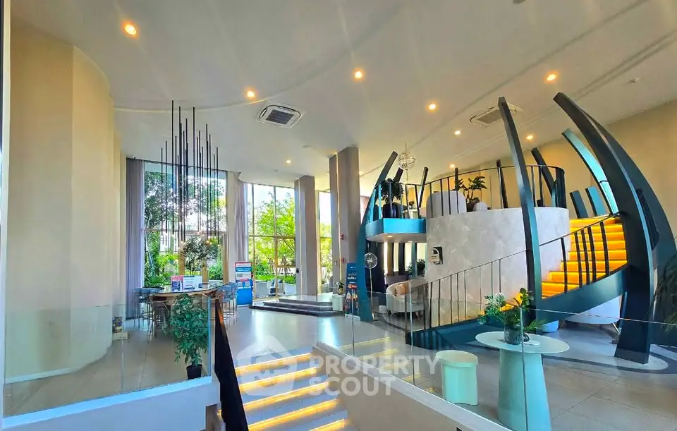 Luxurious modern living room with unique spiral staircase and large windows