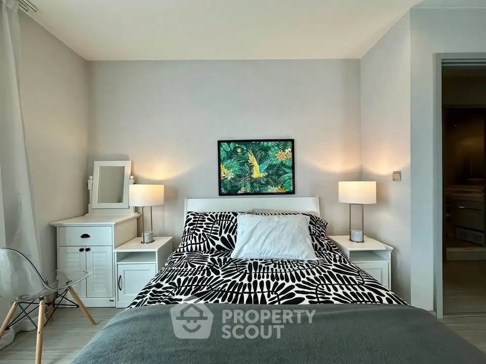 Stylish bedroom with modern decor and cozy lighting