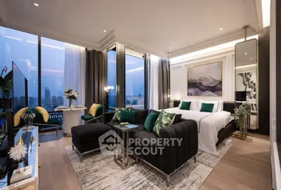 Luxurious modern bedroom with stunning city view and elegant decor