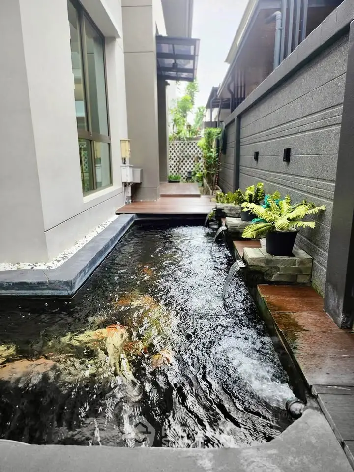 Luxurious modern home with elegant koi pond and sleek architectural design.