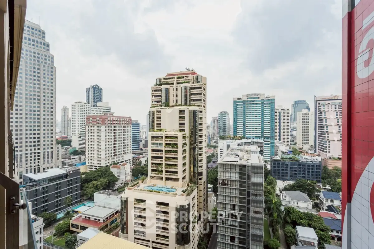 Stunning cityscape view from high-rise building balcony in urban skyline
