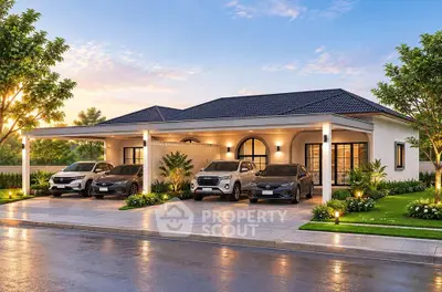 Modern single-story house with spacious driveway and lush landscaping