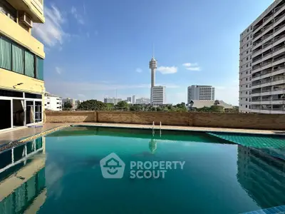 Stunning rooftop pool with city skyline view and modern architecture.