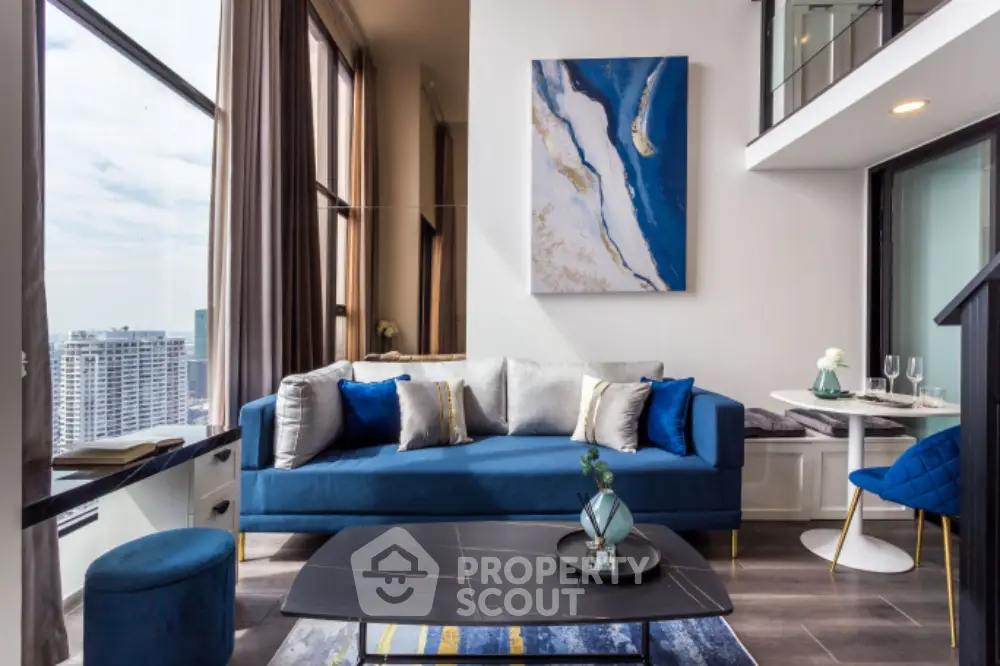 Luxurious modern living room with high ceilings and stunning city view