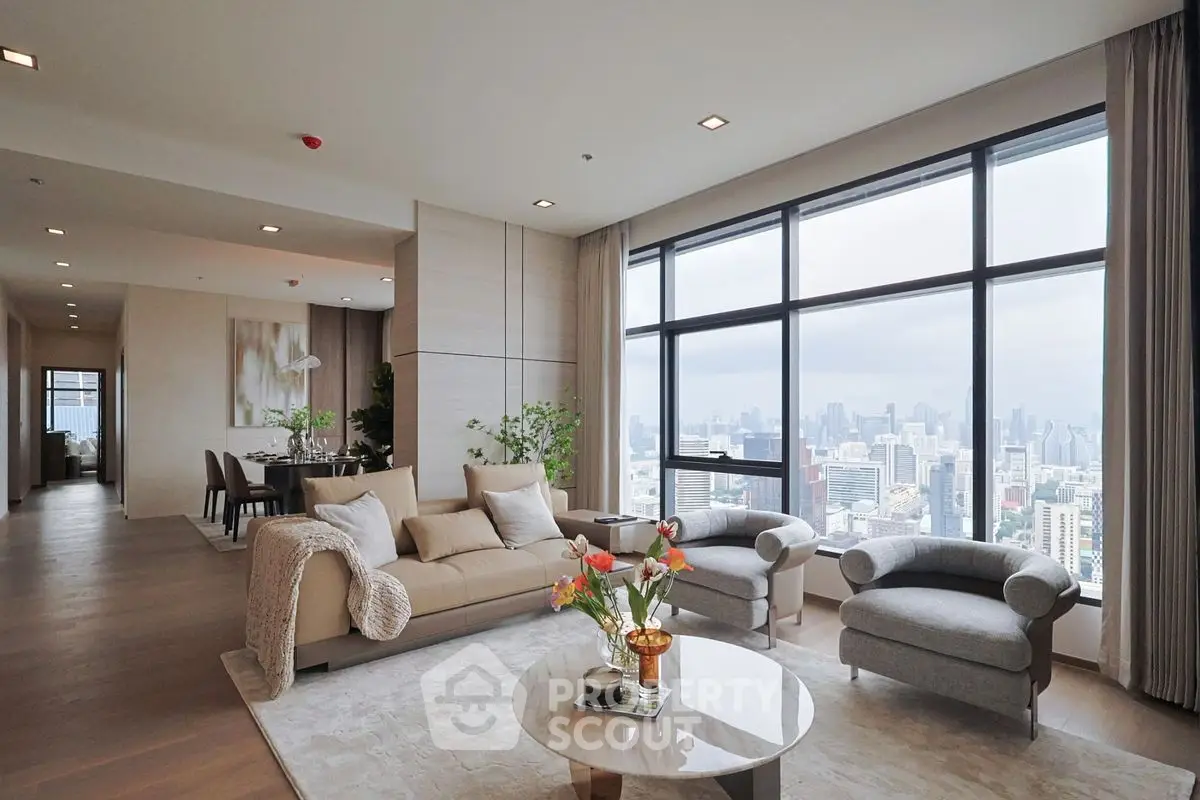 Luxurious living room with panoramic city views and elegant decor