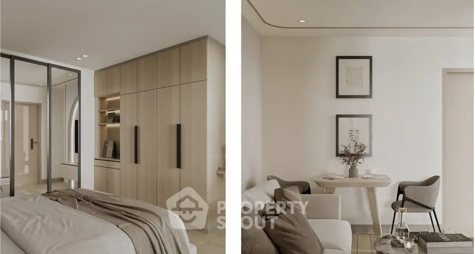 Modern bedroom and living room with sleek design and neutral tones