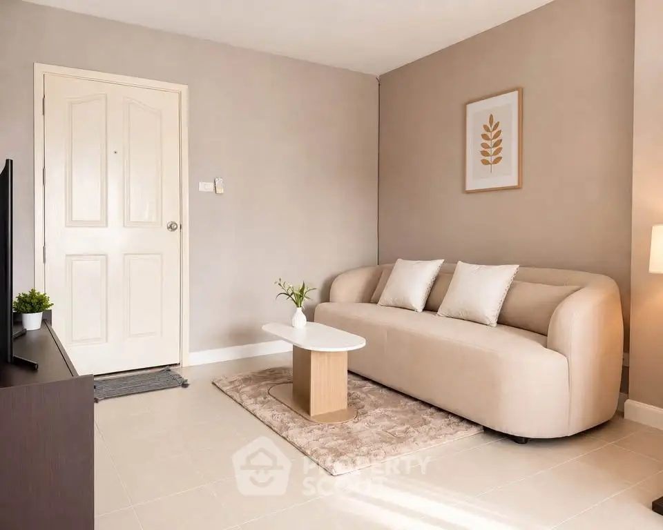 Chic and cozy living room with modern beige sofa and stylish decor