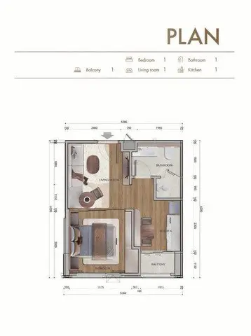 Modern apartment floor plan with one bedroom, living room, kitchen, and balcony.
