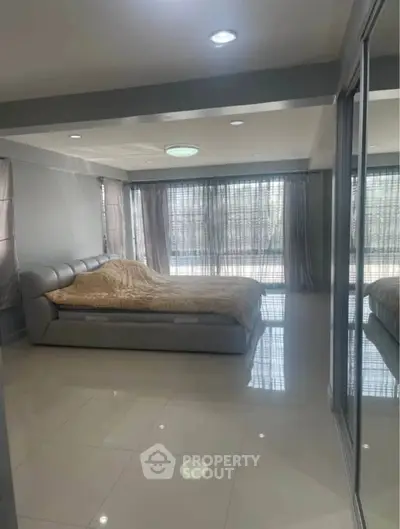 Spacious modern bedroom with large windows and sleek design