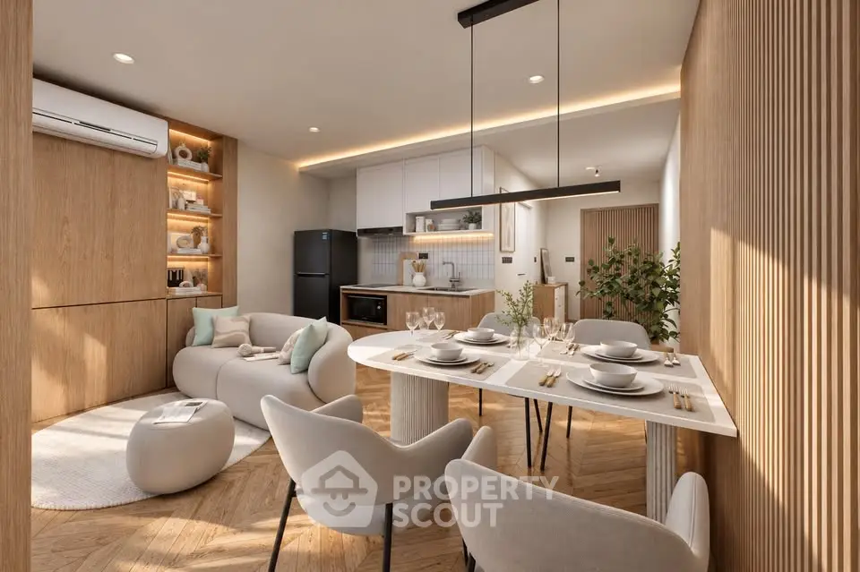 Modern open-plan living and dining area with stylish decor and natural wood accents.