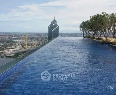 Stunning rooftop infinity pool with panoramic city views and lush greenery.