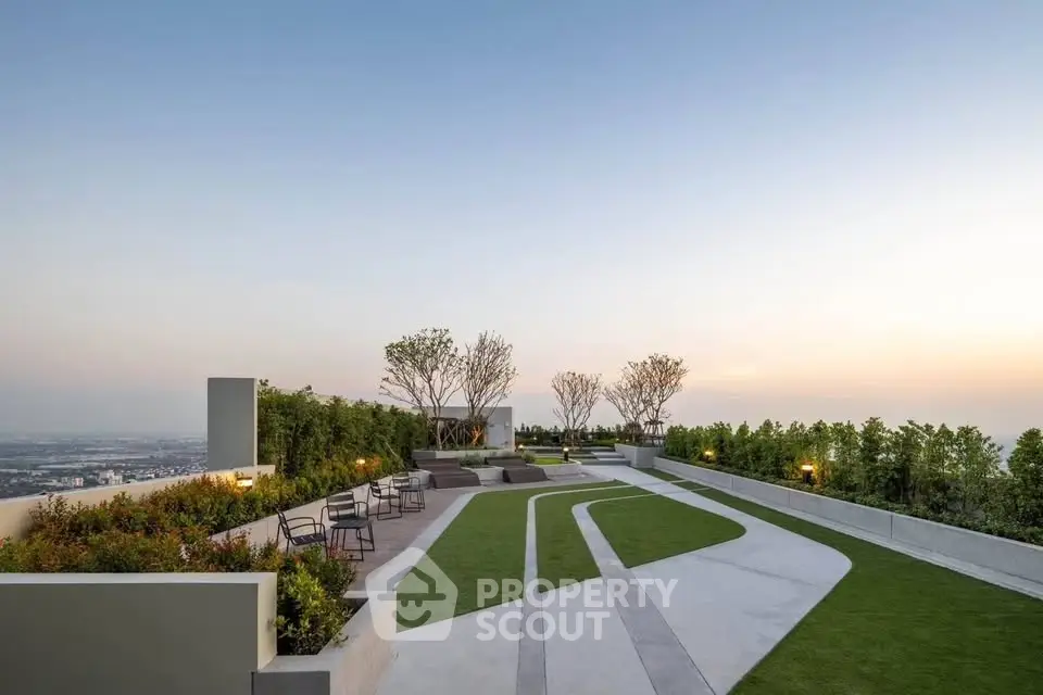 Stunning rooftop garden with panoramic city views and modern landscaping.