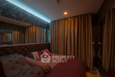 Luxurious bedroom with elegant decor and ambient lighting