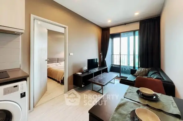 Modern living room with open layout and balcony view