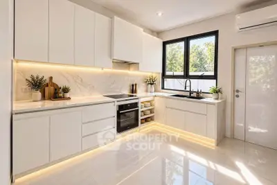 Modern kitchen with sleek white cabinets and marble backsplash, featuring built-in oven and large window view.