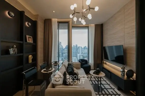 Luxurious modern living room with city skyline view, elegant decor, and stylish lighting.