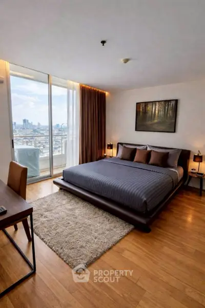 Luxurious bedroom with stunning city view and modern decor