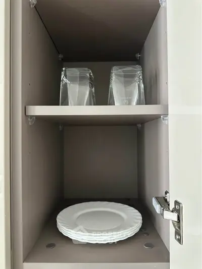 Modern kitchen cabinet with neatly arranged plates and glasses, showcasing efficient storage space.
