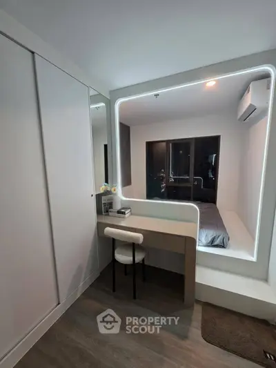 Modern bedroom with sleek built-in wardrobe and stylish vanity area