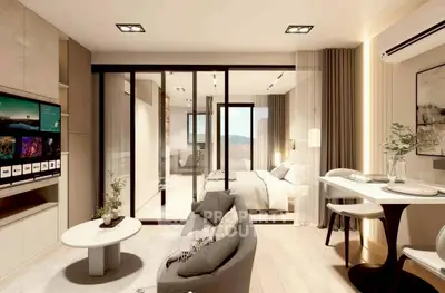 Modern open-plan living room with stylish decor and natural light, featuring a cozy seating area and elegant dining space.