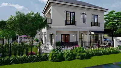 Elegant two-story house with lush garden and outdoor seating area, perfect for family living.