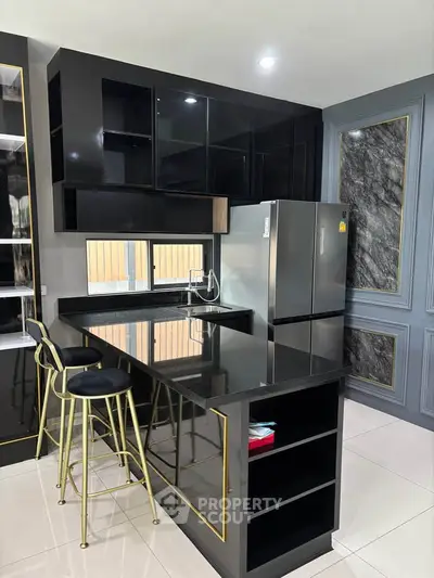 Modern kitchen with sleek black cabinets and stainless steel appliances