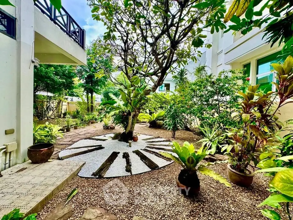Lush garden oasis with vibrant greenery and modern landscaping in a residential setting.