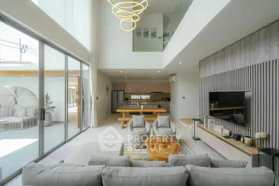 Luxurious modern living room with high ceilings and elegant decor