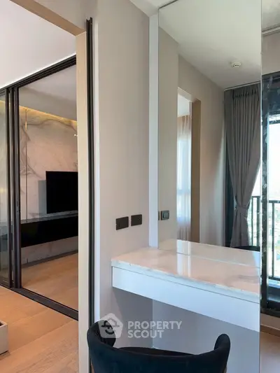 Modern interior with sleek marble desk and large window view
