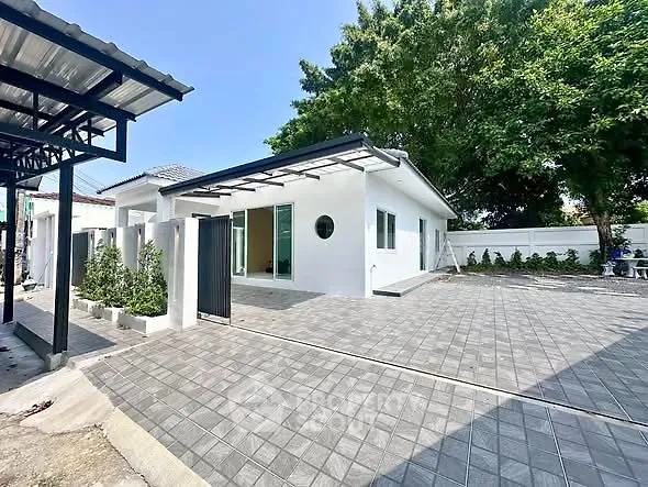 Modern single-story house with spacious driveway and lush greenery