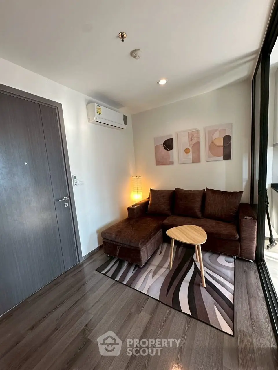 Modern living room with stylish decor and cozy seating area