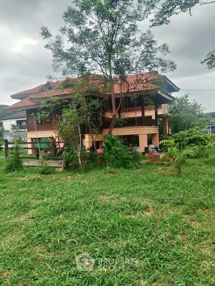 Charming elevated wooden house with lush green surroundings and red-tiled roof.