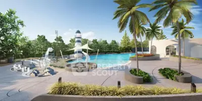 Luxurious resort-style pool area with palm trees and modern amenities