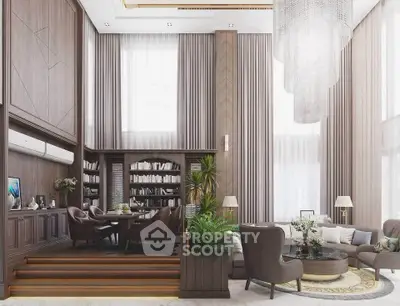 Luxurious living room with high ceilings, elegant chandelier, and sophisticated decor