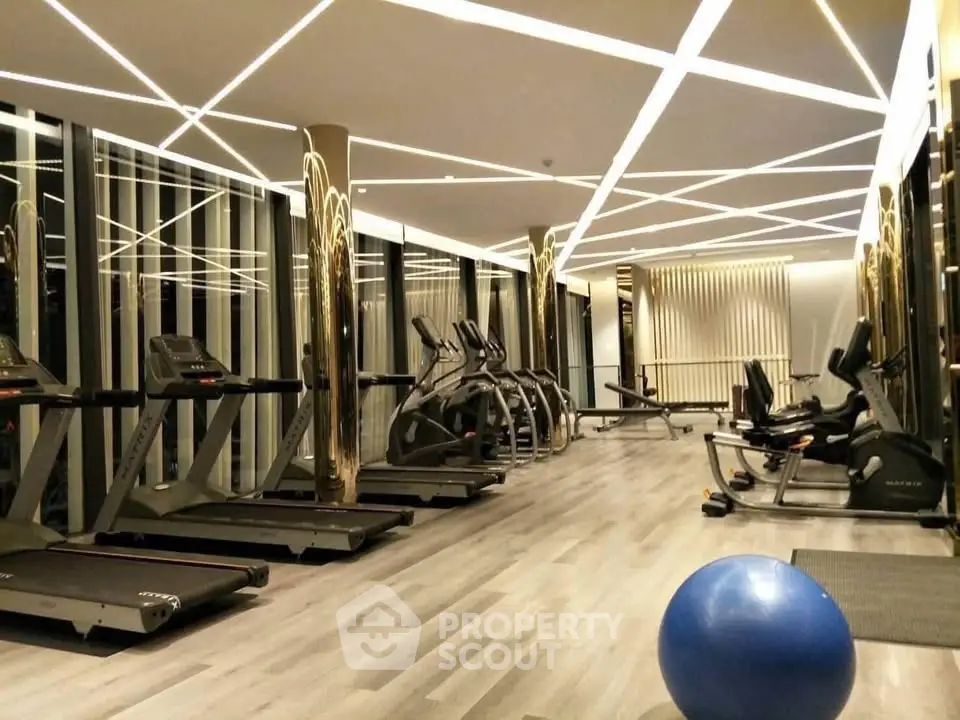 Luxurious modern gym with state-of-the-art equipment and stylish lighting design.